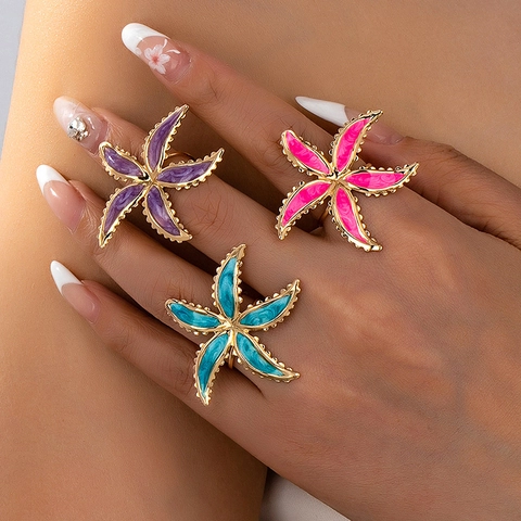 Seestern Offener Ring Legierung Vergoldet Bunte Emaille Sommer Strand Ozean Schmuck Für Damen Verstellbar