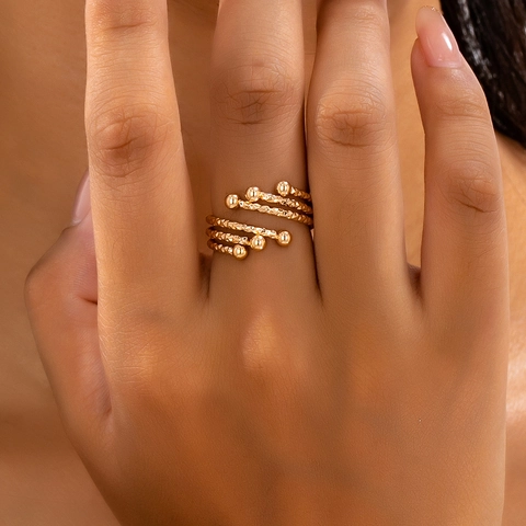 Verstelbare Meerlaagse Spiraal Open Ring Dames Legering Geometrische Wikkelring Met Gouden Kralen Gefacetteerde Textuur