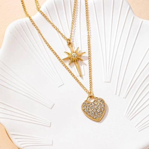 Collier Double Couche Avec Pendentifs Étoile Et Cœur Alliage Plaqué Or Bijoux Strass Étincelants Cadeau Pour Femmes