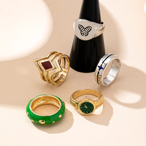 Anillos Moda Vintage Aleación Esmalte Geométrico Esfera Reloj Patrón Mariposa Accesorios Conmutador Para Mujeres