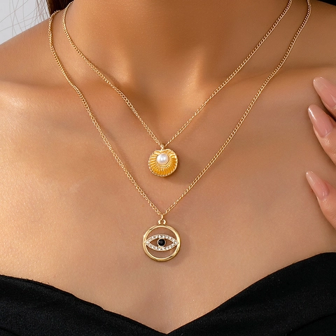 Collana Doppio Strato Lega Zinco Strass Perla Artificial Sintetica Ciondolo Occhio Del Diavolo Conchiglia Gioielli Donna