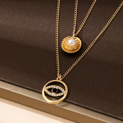 Collana Doppio Strato Lega Zinco Strass Perla Artificial Sintetica Ciondolo Occhio Del Diavolo Conchiglia Gioielli Donna