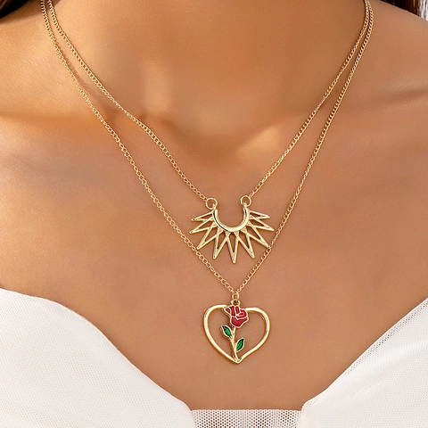 Collana A Doppio Strato Lega Di Zinco Pendente Cuore Rosa Rossa Smalto Raggi Di Sole Retro Oro Gioielli Moda Donna
