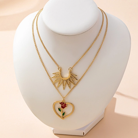 Collana A Doppio Strato Lega Di Zinco Pendente Cuore Rosa Rossa Smalto Raggi Di Sole Retro Oro Gioielli Moda Donna