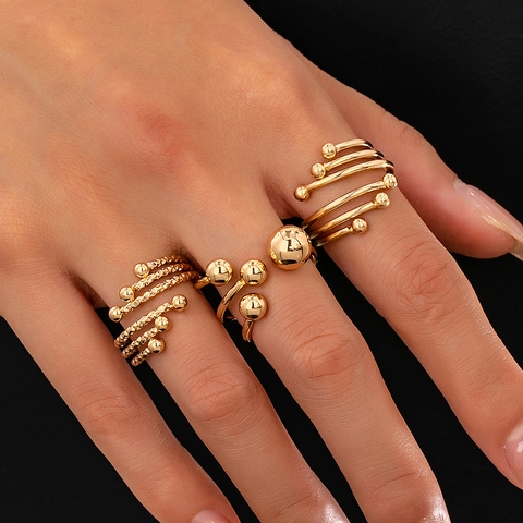 Goldene Legierung Geometrische Ball Offene Ringe Mehrlagiger Strukturierter Fingerschmuck Accessoire Für Frauen Stilvoll