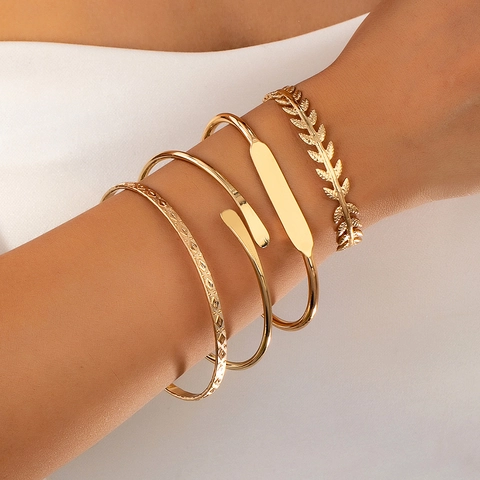 Bangle Bracelets Vintage Minimalist Stackable Alloy Gold Tone Leaf Geometric Textured Design Fashion Jewelry For Women