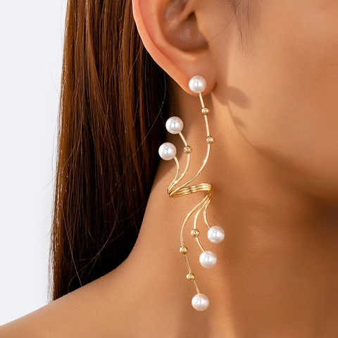 Orecchini Pendenti Lunghi Lega Con Perla Artificiale Geometrici Curvi Spirale Vite Moda Gioielli Esagerati Per Donne