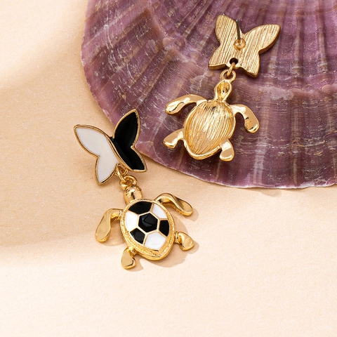 Cute Sea Turtle Dangle Earrings Enamel Butterfly Design Black And White Checkerboard Pattern Zinc Alloy Jewelry For Women