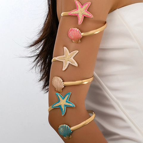 Brazalete Abierto Estrella De Mar Concha Tema Océano Anillo De Brazo Ajustable Aleación Chapada En Oro Esmalte Joyería