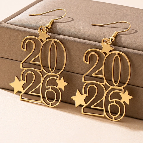 2026 Nummer Hängeohrringe Mit Hohlem Stern Dekor Goldene Legierung Haken Schmuck Für Frauen Silvester Party Einzigartiger Stil