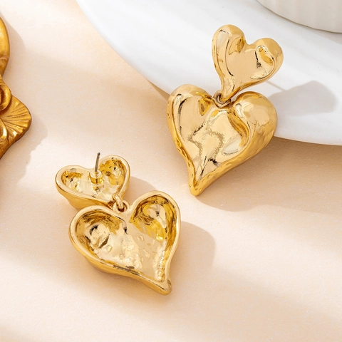 Orecchini Pendenti A Doppio Cuore Da Donna Lega Tono Oro Texture Martellata Cuore Geometrico Gioielli Eleganti