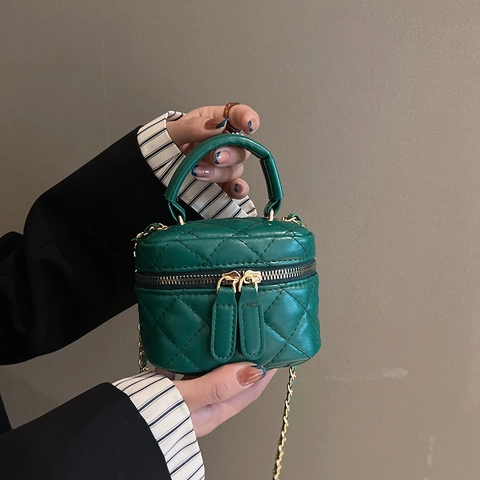 Mini Vanity Sac Matelassé Cuir PU Bandoulière Chaîne Métal Doré Poignée Supérieure Double Fermeture Éclair Femmes