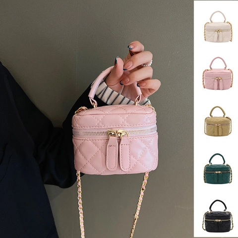 Mini Vanity Sac Matelassé Cuir PU Bandoulière Chaîne Métal Doré Poignée Supérieure Double Fermeture Éclair Femmes