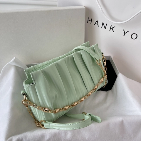 Ruched PU Leather Shoulder Bag Underarm Bag For Women With Golden Chain Decorative Strap Elegant Street Style Dumpling Bag