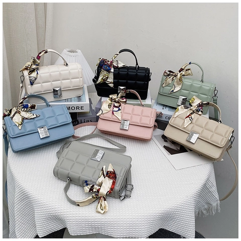 Women Quilted Shoulder Bag PU Leather Crossbody Handbag With Decorative Satin Scarf Handle Metal Square Lock Small Square Flap Bag