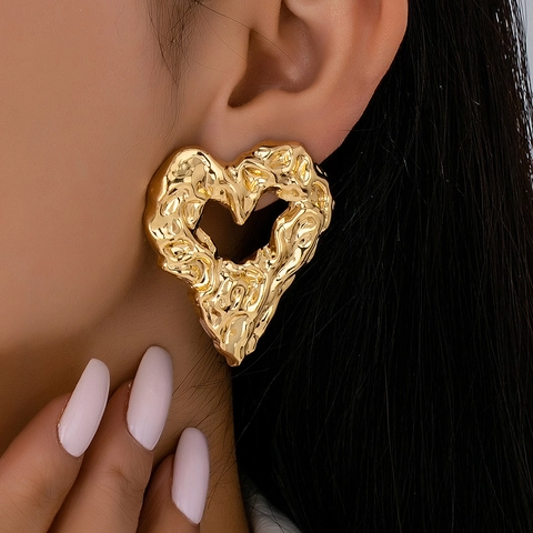 Large Hollow Heart Stud Earrings With Stainless Steel Earring Post Alloy Lava Texture For Women Fashion Jewelry