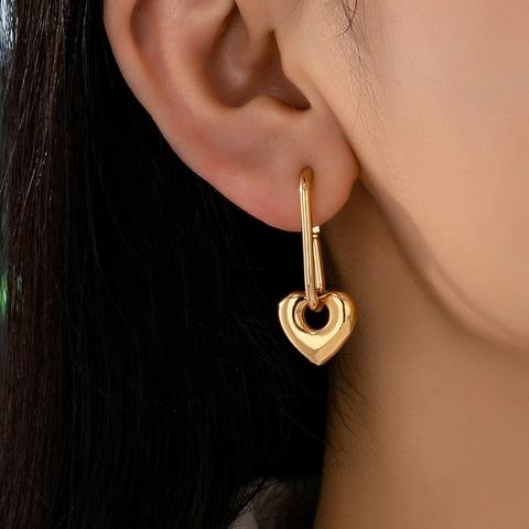 Heart Drop Earrings Gold Tone Alloy Minimalist Geometric Dangle Elegant Accessories For Women