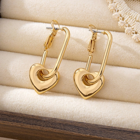 Heart Drop Earrings Gold Tone Alloy Minimalist Geometric Dangle Elegant Accessories For Women