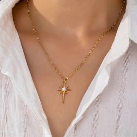 Elegante Collana Con Ciondolo Stella Polare Lega Di Zinco Con Zircone Gioielli A Stella Dorati Da Donna Uso Quotidiano