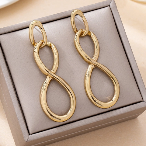 Geometric Interlocking Loop Drop Earrings Gold Plated Alloy Infinity Shape Polished Minimalist Style Jewelry For Women
