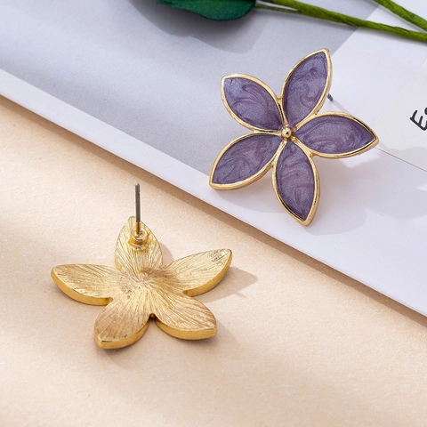 Purple Flower Stud Earrings Enamel Drip Oil Floral Marble Pattern Alloy With Stainless Steel Earring Post Women