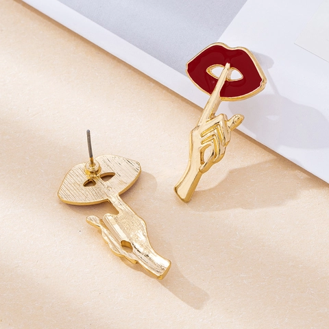 Creative Red Lips Shhh Silence Hand Gesture Dangle Earrings Alloy With Stainless Steel Earring Post For Women Pop Art Style