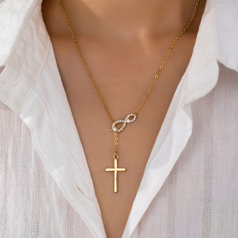 Collar Con Colgante De Cruz Y Símbolo De Infinito Aleación De Zinc Strass Color Dorado Joyas Religiosas Para Mujer