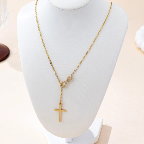 Collar Con Colgante De Cruz Y Símbolo De Infinito Aleación De Zinc Strass Color Dorado Joyas Religiosas Para Mujer