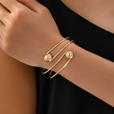 Minimalist Alloy Open Adjustable Bangle Bracelet Spiral Layered Geometric With Polished Spheres For Women Fashion