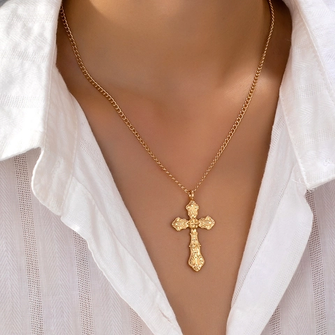 Collana Pendente Croce Barocca Lega Di Zinco Placcato Oro Gotico Retro Motivo Rilievo Gioielli Per Uomo Donna