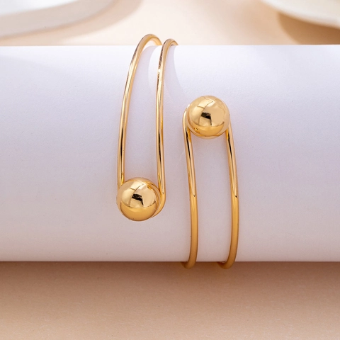 Minimalist Alloy Open Adjustable Bangle Bracelet Spiral Layered Geometric With Polished Spheres For Women Fashion