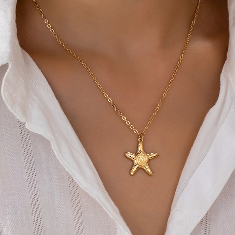 Collar Con Colgante De Estrella De Mar Aleación Chapada En Oro Patrón Espiral Martillado Estilo Playa Océano Joyas Para Mujer