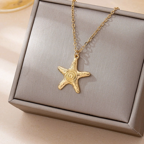 Collar Con Colgante De Estrella De Mar Aleación Chapada En Oro Patrón Espiral Martillado Estilo Playa Océano Joyas Para Mujer
