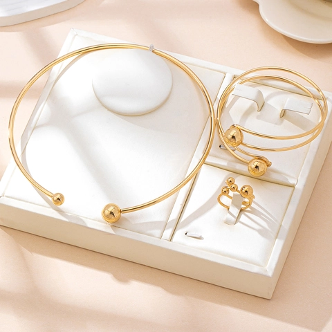 Bijoux En Alliage Plaqué Or Collier Ras Du Cou Bracelet Et Bague Minimaliste Géométrique Perle Design Ouvert Pour Femmes