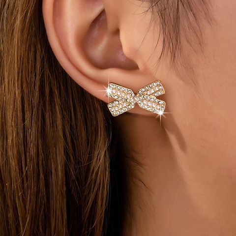 Schleife Ohrstecker Gold Legierung Mit Strass Und Kunstperle Elegant Damen Mode Schmuck