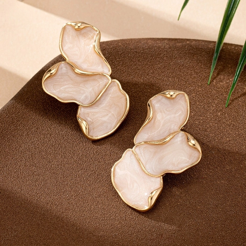 Elegant Flower Stud Earrings Irregular Petals Enamel Zinc Alloy Gold Plated Artistic Layered Jewelry For Women