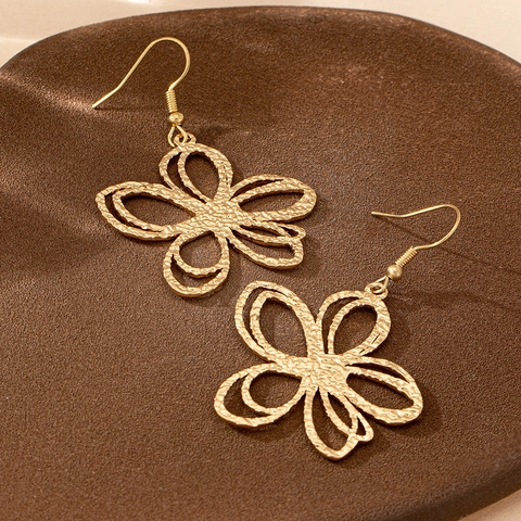 Hollow Flower Drop Earrings Hammered Texture Alloy Gold Tone Elegant Fashion Jewelry For Women