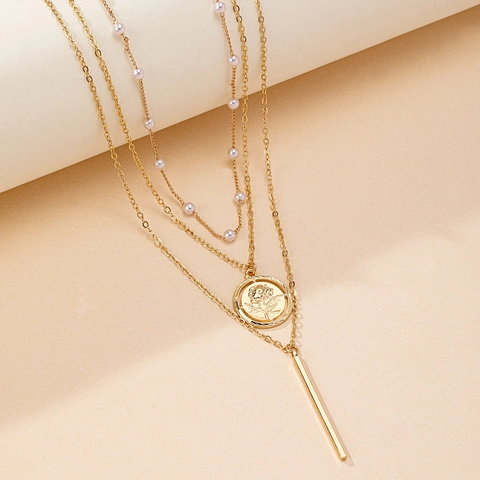 Multi Layer Necklace Zinc Alloy Faux Artificial Pearl Rose Coin Geometric Bar Pendant Retro Elegant Jewelry For Women