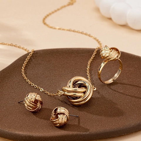 Gedraaide Knoop Sieraden Verguld Legering Metaal Ketting Ring Oorknopjes Elegante Mode Voor Vrouwen