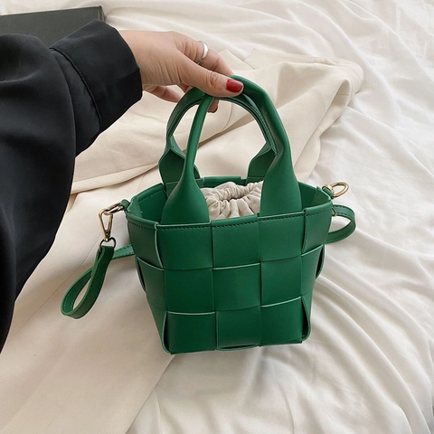Damen Gewebte Eimer Handtasche PU Leder Gitter Schultertasche Mit Kordelzug Innentasche Verstellbarer Gurt Mode Vielseitig