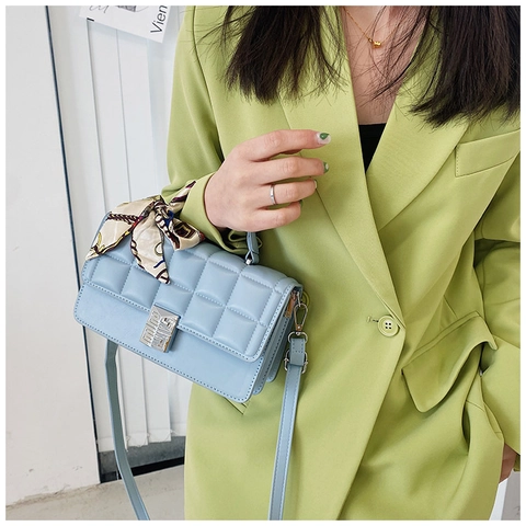 Women Quilted Shoulder Bag PU Leather Crossbody Handbag With Decorative Satin Scarf Handle Metal Square Lock Small Square Flap Bag