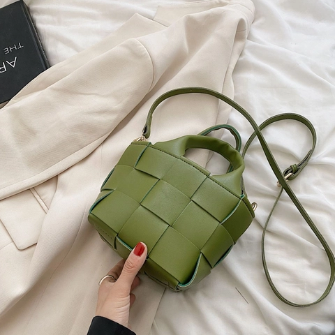 Damen Gewebte Eimer Handtasche PU Leder Gitter Schultertasche Mit Kordelzug Innentasche Verstellbarer Gurt Mode Vielseitig