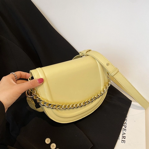 Women PU Leather Saddle Bag Gold Thick Chain Decoration Fashion Crossbody Shoulder Handbag Chic Niche Style