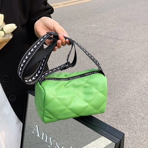 Quilted Crossbody Bag PU Leather Diamond Pattern Cylinder Shoulder Bag With Wide Jacquard Strap For Women Fashion Casual