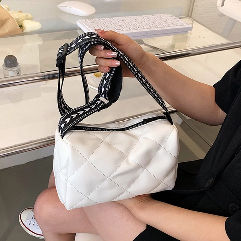 Quilted Crossbody Bag PU Leather Diamond Pattern Cylinder Shoulder Bag With Wide Jacquard Strap For Women Fashion Casual