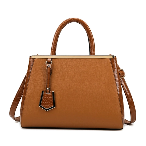 Sac À Main Femme Élégant Grande Capacité Cuir PU Grain Lychee Motif Crocodile Barre Métallique Bandoulière Dames