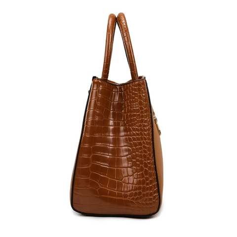 Sac À Main Femme Élégant Grande Capacité Cuir PU Grain Lychee Motif Crocodile Barre Métallique Bandoulière Dames