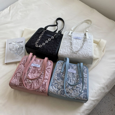 Damen Umhängetasche Spitze Falten Textur Floral Metall Kette Trendy Nische Design Quadratisch Tote Modisch