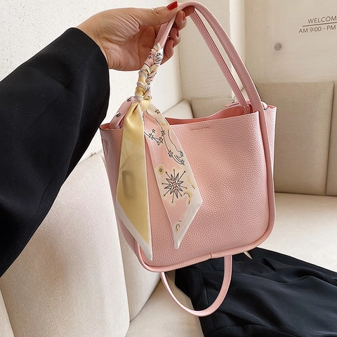 Damen PU Leder Bucket Bag Mit Litchi Muster Satinnschal Deko Handtasche Umhängetasche Minimalistisch Schick Elegant