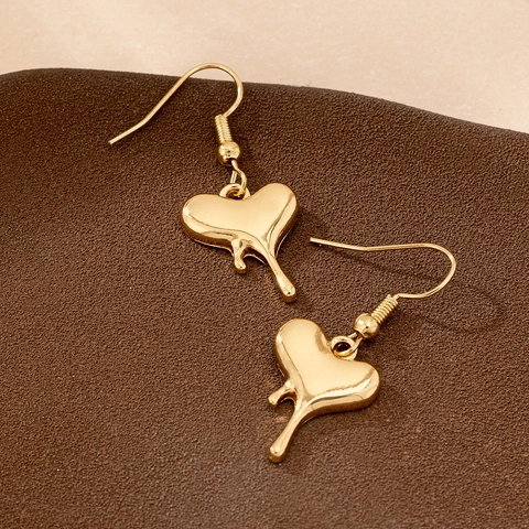 Polished Gold Alloy Melted Heart Drop Earrings Liquid Fluid Design Trendy Jewelry For Women